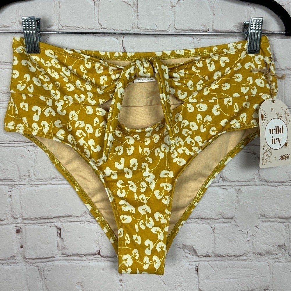 Beach Joy high rise Bikini bottoms tie front mustard yellow‎ floral, sz M, NWT